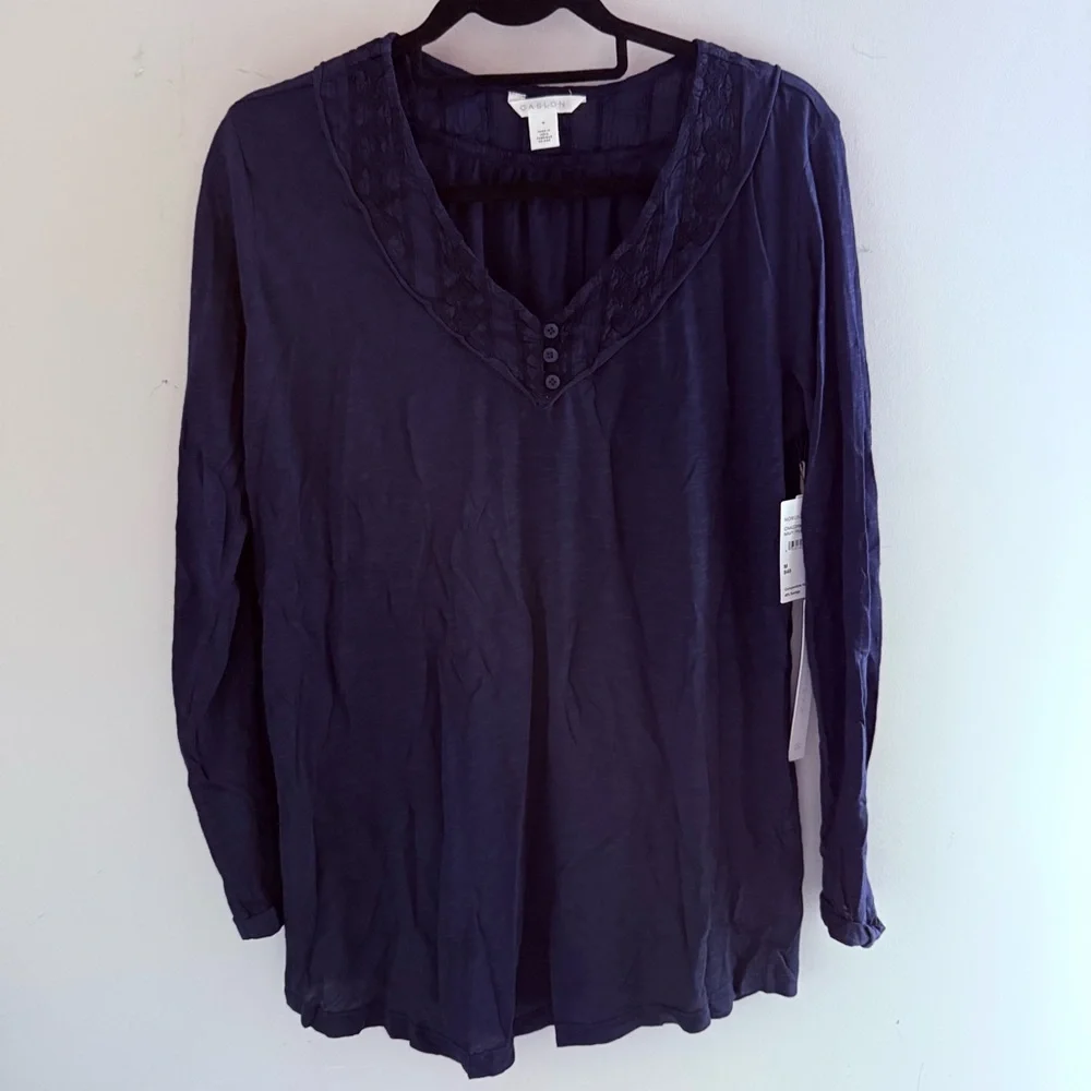 Caslon Women's Navy Cotton Long Sleeve Top - Picture 1 of 7